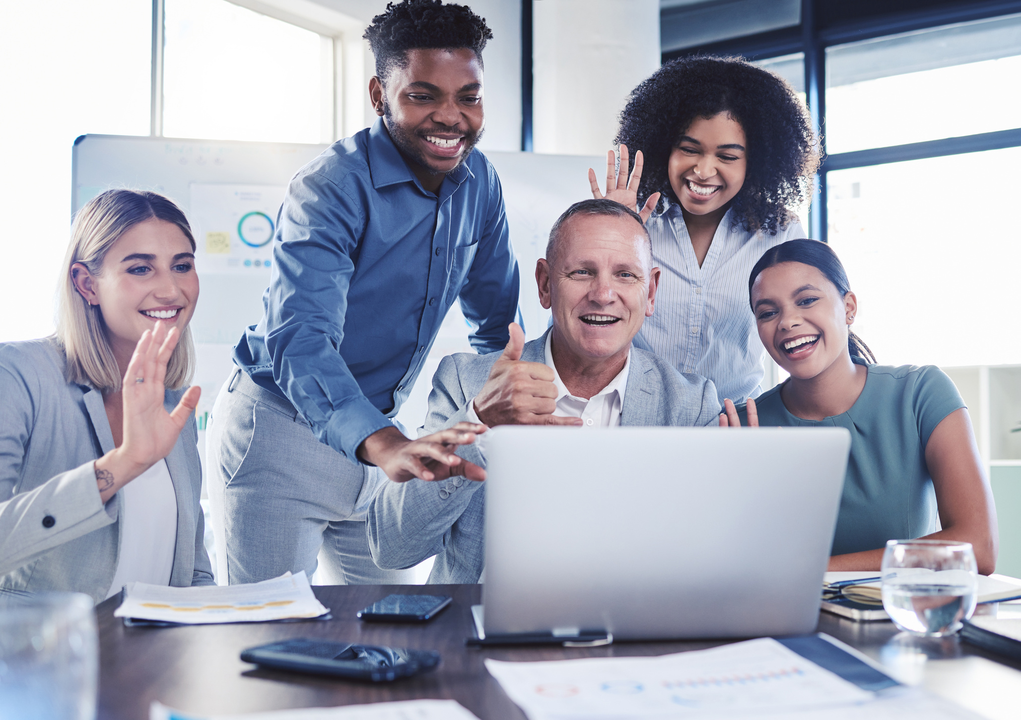 Business People Waving, Video Conference Call and Laptop Meeting for Global Webinar, Online Communication and Virtual Planning. Happy Internet Consulting, Technology Team and Diversity Collaboration